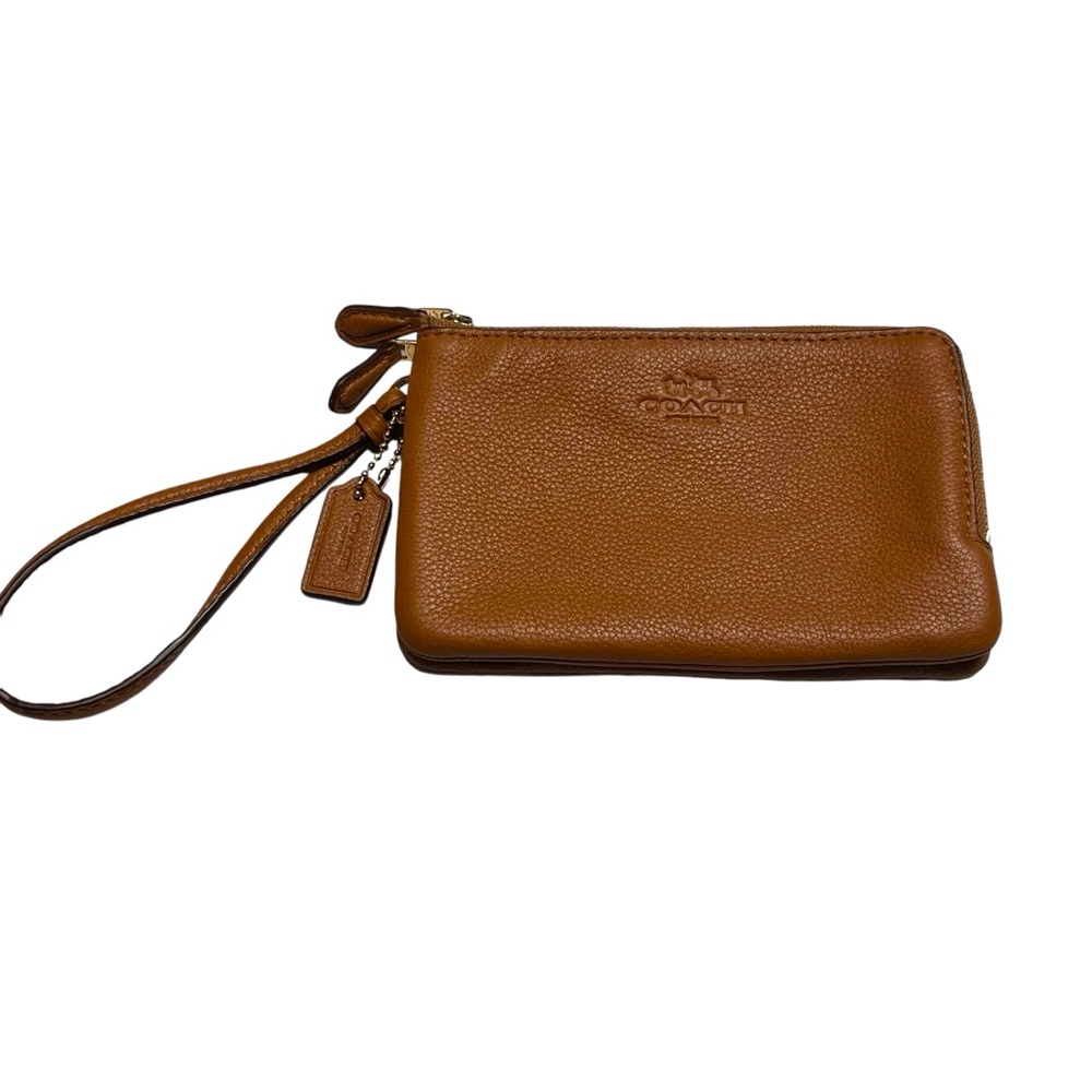 Coach F66505 Pebble Leather Double Corner Zip Wristlet, Color Saddle. Excellent - Picture 1 of 14